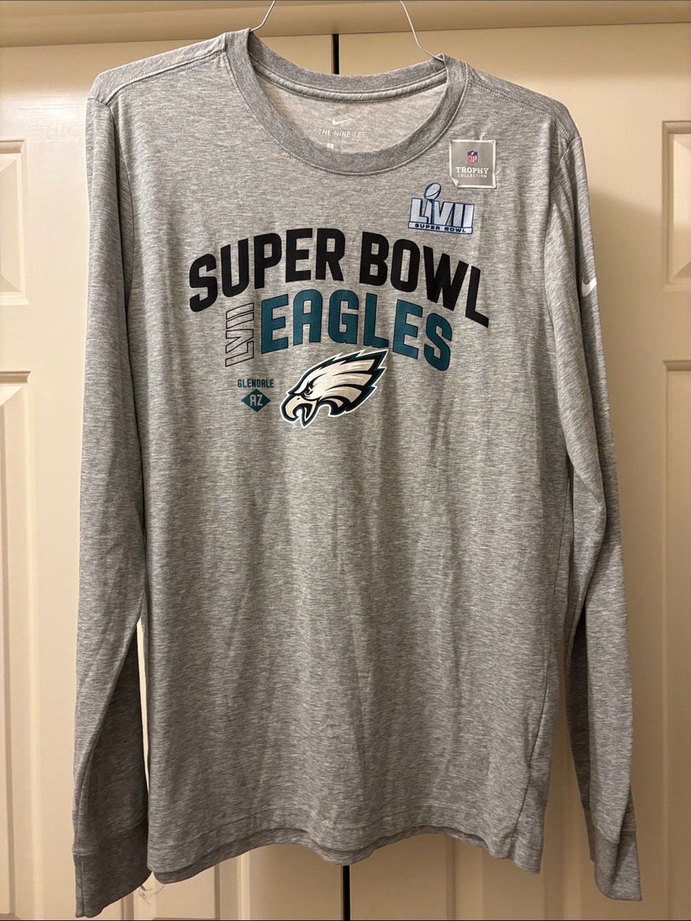 Nike Gray Long-Sleeve Super Bowl Eagles Tee with Teal Accents